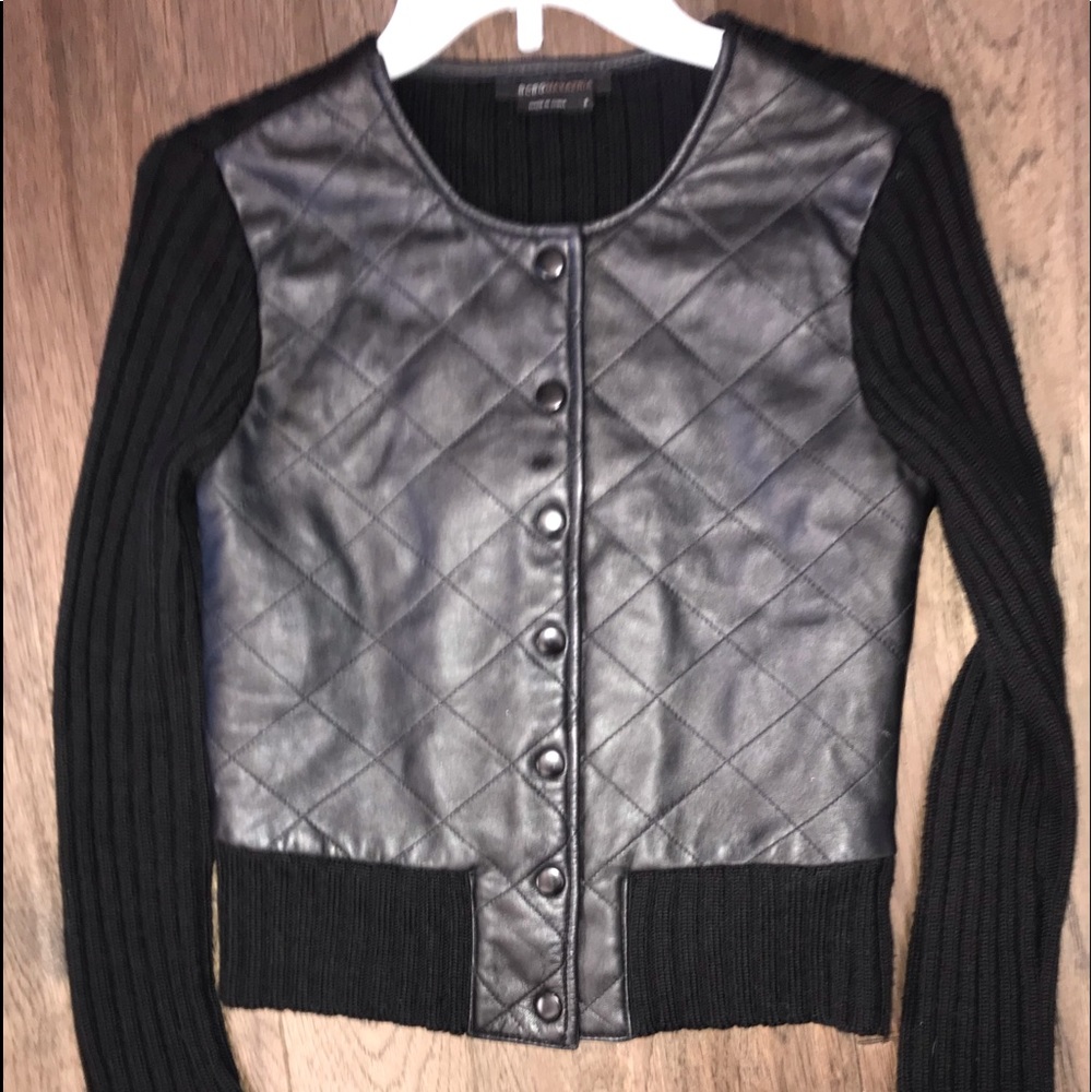 BCBG SWEATER Black faux leather front.